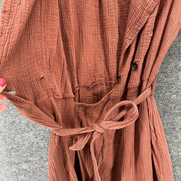 Rhythm Dress Brown S Small Wrap Short Sleeve Midi Belted V-Neck Collared Cotton - Picture 5 of 10